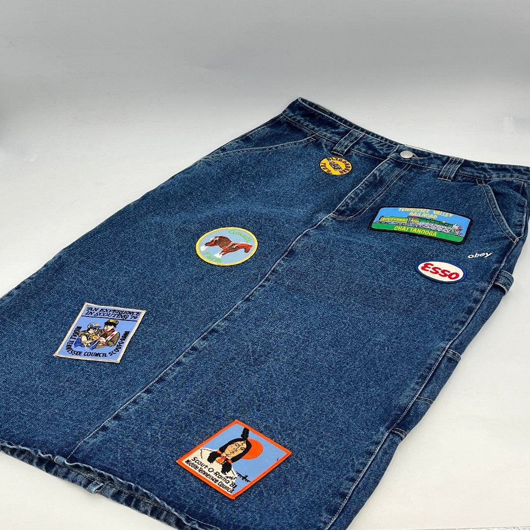 Custom Handcrafted Obey Denim Patched Skirt