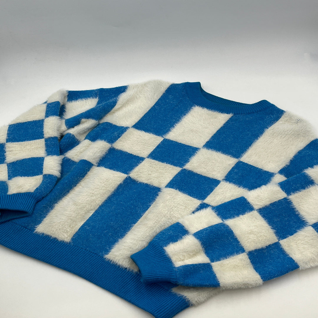 Blue Checkered Cropped Fuzzy Sweater